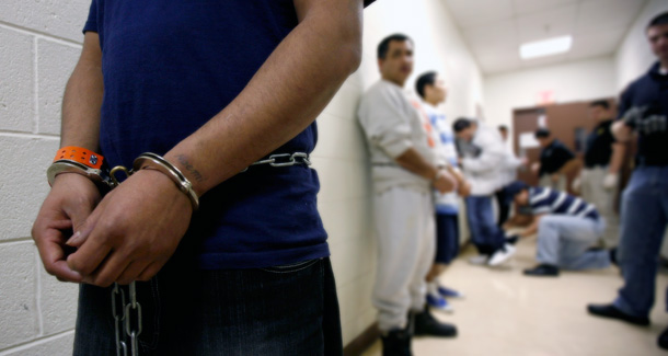 Deportees wait to be transferred at the Immigration and Customs Enforcement's in Broadview, Illinois facility. (AP/Brian Kersey)