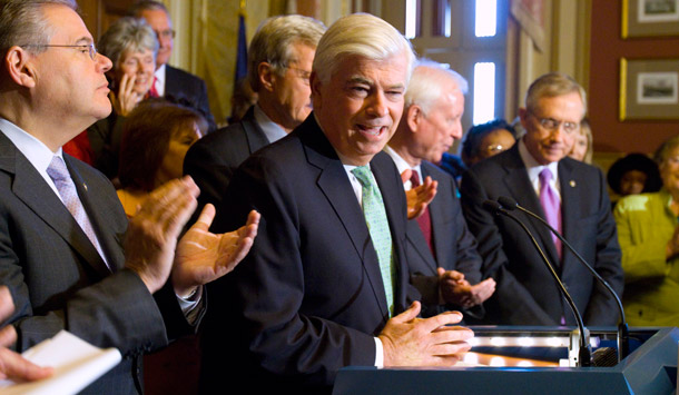 Senate Banking Committee Chairman Sen. Christopher Dodd (D-CT) speaks at a press conference on Capitol Hill. (AP/Harry Hamburg)