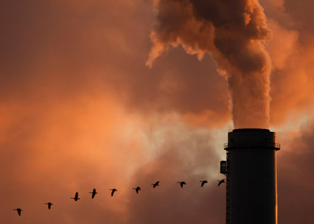 A flock of geese fly by a smokestack at a coal power plant in Kanaas. Studies show that “energy-only” legislation that fails to put a price on carbon pollution is less effective and more costly than comprehensive reform. (AP/Charlie Riedel)