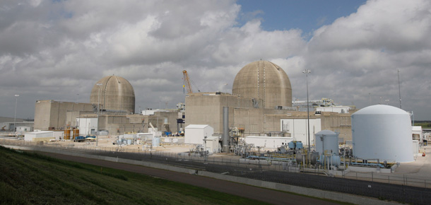 Clouds move in over the South Texas Project nuclear power plant. Expansion plans would make the plant the largest in the U.S., doubling the number of reactors to four. (AP/Pat Sullivan)