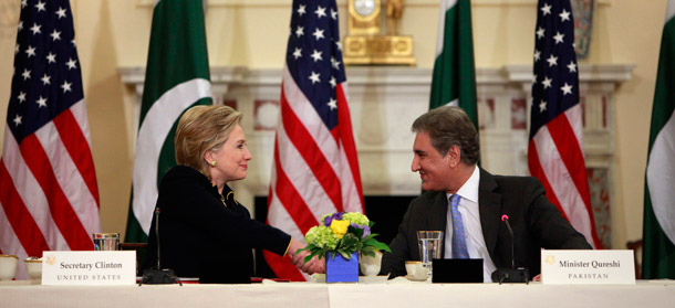 Secretary of State Hillary Rodham Clinton shakes hands with Pakistan Foreign Minister Shah Mehmood Qureshi during the opening session of the U.S.-Pakistan Strategic Dialogue on March 24, 2010 at the State Department. (AP/Pablo Martinez Monsivais)