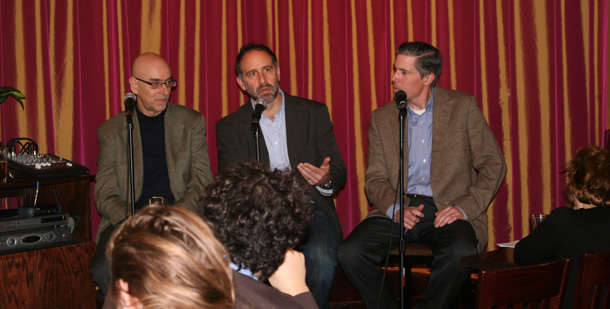 Ruy Teixeira, Dean Baker, and John Halpin onstage at Progressivism on Tap event. (CAP)