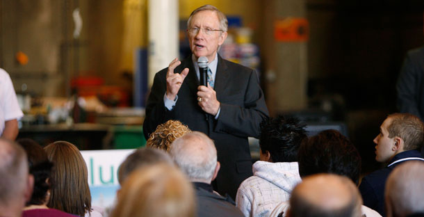 Senate Majority Leader Harry Reid (D-NV) speaks about his jobs bill in Nevada on February 10, 2010. Despite Sen. Reid's praise on a recent show of bipartisanship, a band of anti-immigration conservatives threat to vote against the bill's measures in a move to turn this much-needed economic debate into an attack on immigrant workers. (AP/Isaac Brekken)