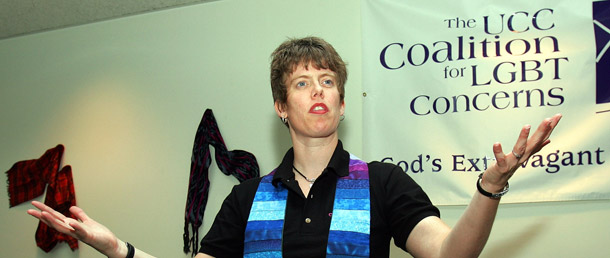 Reverand Rebecca Voelkel, former interim director of the United Church of Christ Coalition for Lesbian, Gay, Bisexual, and Transgender Concerns, speaks at an annual meeting for the United Church of Christ in 2005. More faith communities are embracing transgender individuals, but they still face discrimination. (Center for American Progress)
