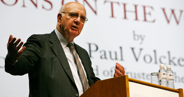 Paul Volcker, former chairman of the Board of Governors of the U.S. Federal Reserve System delivers a lecture in Singapore. The Volcker Rule, named after him, is meant to prevent the nation’s biggest banks from engaging in proprietary trading, or trading for their own benefit, divorced from that of their customers, with federally insured funds. (AP/ Wong Maye-E)
