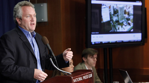 Andrew Breitbart speaks during a news conference at the National Press Club in Washington on October 21, 2009, accompanied by Hannah Giles and James O'Keefe. This week, Breitbart, who orchestrated the campaign to bring down ACORN,  was purposefully misrepresenting White House Deputy Chief of Staff Jim Messina’s metaphorical remarks to Senate Democrats. (AP/Haraz N. Ghanbari)