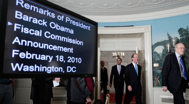 President Barack Obama follows National Commission on Fiscal Responsibility and Reform co-chairs Erskine Bowles and Alan Simpson into the Diplomatic Reception Room at the White House where the president signed an executive order creating the bipartisan National Commission on Fiscal Responsibility and Reform. (AP/Charles Dharapak)