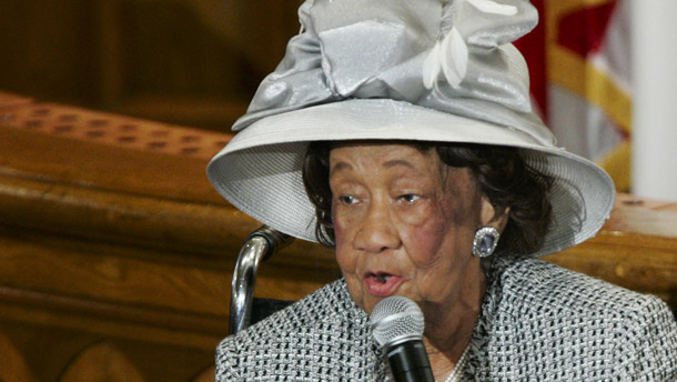 Dr. Dorothy Height gives remarks during memorial services for Rosa Parks in Washington in 2005. Dr. Height helped bridge the gap between the African-American civil rights groups and the women's movement. (AP/Manuel Balce Ceneta)