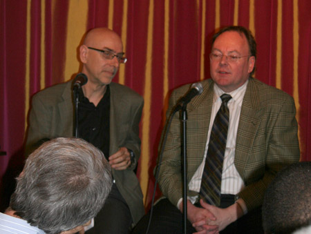 CAP's Ruy Teixeira sits onstage with Tod Lindberg at a Progressivism on Tap event. (Campus Progress)