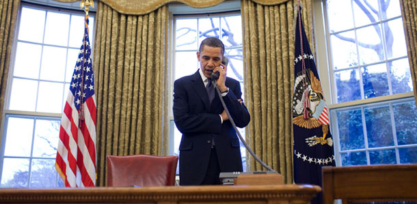 President Barack Obama discusses the START treaty during a phone call with Russian President Dmitry Medvedev on March 26, 2010 in the Oval Office. (AP/Pete Souza)