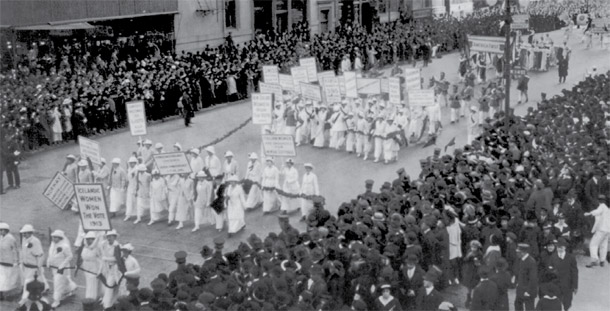A parade for suffrage is seen in New York City, October 23, 1915, in which 20,000 women marched. Improvements in American life, such as women's suffrage, would not have happened without the pioneering ideas of early progressives. (Library of Congress)