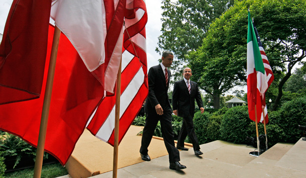 President Barack Obama walks with Mexican President Felipe Calderon as they leave a joint news conference at the White House on May 19, 2010. (AP/Alex Brandon)
