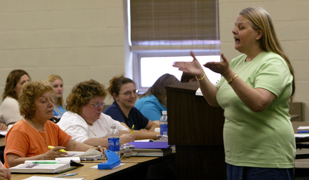 Ida Mae Stine teaches a health information management class at Pennsylvania Highlands Community College in Johnstown, PA. Community colleges need to improve student success and help train our workforce of the future, but to do so they must move beyond traditional semester-length courses, among other things. (AP/Lisa Kyle)