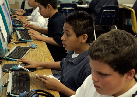 Students work in the computer lab at the at the Dean L. Shively School in South El Monte, California. (AP/Ric Francis)