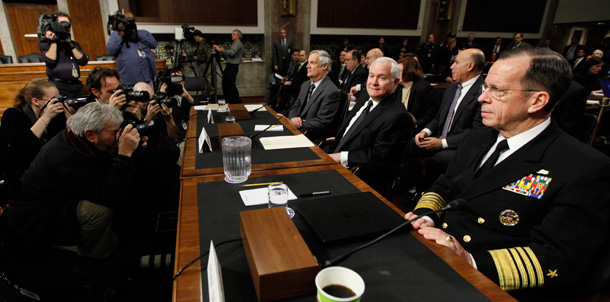 Defense Secretary Robert Gates and Joint Chiefs Chairman Adm. Michael Mullen prepare to testify before the Senate Armed Services Committee on the Defense Department's budget earlier this year. (AP/Manuel Balce Ceneta)