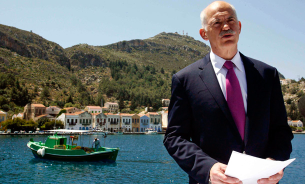Greek Prime Minister George Papandreou announces Greece's decision to request activation of a joint euro zone-International Monetary Fund financial rescue plan. Greece is undoubtedly in dire fiscal straits, but the blame does not lie with overspending. (AP/Tatiana Bolari)