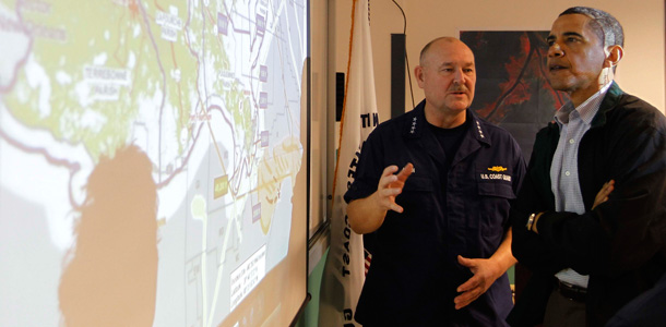 National Incident Commander U.S. Coast Guard Commandant Adm. Thad Allen briefs President Barack Obama earlier this month in Venice, Louisiana. (AP/Charles Dharapak)