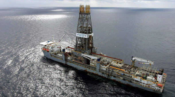 A drillship sits off the Louisiana coast in 2006. A large portion of the oil produced in the Gulf Coast is shipped overseas, and this undoubtedly includes some of the offshore oil produced there. (AP/Alex Brandon)