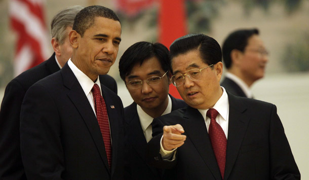 President Barack Obama listens to Chinese President Hu Jintao as they attend a state dinner reception at the Great Hall of the People in Beijing, China, on November 17, 2009. (AP/Pablo Martinez Monsivais)