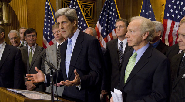Sens. John Kerry (D-MA), and Joseph Lieberman (I-CT) announce the American Power Act on Capitol Hill on May 12, 2010. Senators should use the best modeling possible to decide how to vote on the bill. (AP/Harry Hamburg)