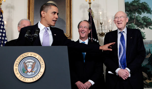 President Barack Obama stands with the co-chairs of the National Commission on Fiscal Responsibility and Reform, Erskine Bowles , second from right, and Alan Simpson, right. (AP/Charles Dharapak)