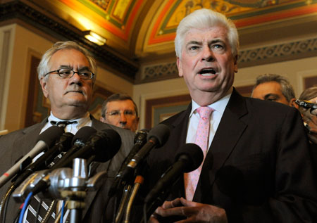 Rep. Barney Frank (D-MA), left, and Sen. Chris Dodd (D-CT), right, speak about financial regulatory reform. If enacted, their bill will put in place the most significant improvements to the nation's regulatory framework since the New Deal. (AP/Susan Walsh)