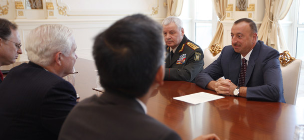 U.S. Defense Secretary Robert M. Gates, second from left, and Azerbaijan's President Ilham Aliyev, right, meet at Zagulba in Baku, Azerbaijan, on June 6, 2010. On the table in front of Aliyev is a letter from President Barack Obama. Gates hand delivered the letter that acknowledged serious issues in the U.S.- Azerbaijan relationship. (AP/Carolyn Kaster)