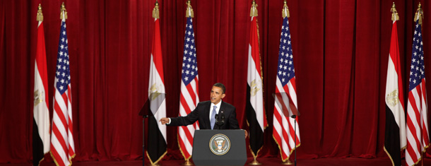 President Barack Obama addresses an audience at the Cairo University in Cairo, Egypt last year, calling for a "new beginning between the United States and Muslims."
  (AP/Ben Curtis)