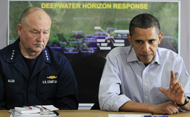 President Barack Obama, accompanied by National Incident Commander Adm. Thad Allen, makes a statement after being briefed on the BP oil spill relief efforts in the Gulf Coast region on June 4, 2010. (AP/Charles Dharapak)