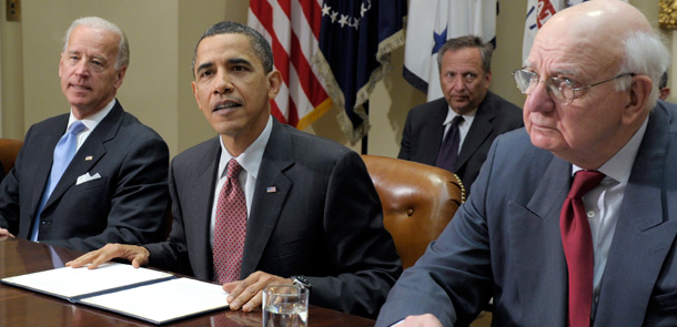 President Barack Obama, flanked by Vice President Joe Biden, and White House adviser Paul Volcker, speaks during a meeting of the President's Economic Recovery Advisory Board earlier this year. (AP/Susan Walsh)