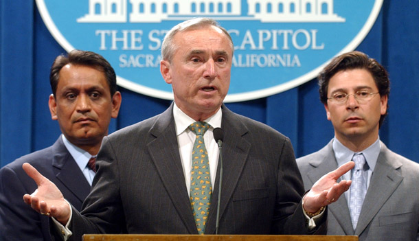 As New York City Police Commissioner, Bill Bratton, center, led the weekly CompStat meeting that reviewed progress toward crime reduction in each precinct. Agencies and the Office of Management and Budget should hold similar review meetings on goals government is trying to achieve. (AP/Rich Pedroncelli)