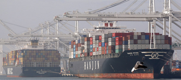 Cargo ships wait to be unloaded at the Port of Oakland in Oakland, California. The U.S. trade deficit stood at 3.5 percent of GDP in the first quarter of 2010—up from its latest trough of 2.4 percent of GDP in the second quarter of 2009. (AP/Ben Margot)