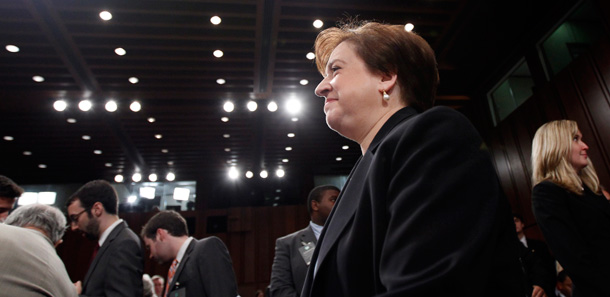 Supreme Court nominee Elena Kagan walks in after a break in her confirmation hearing before the Senate Judiciary Committee on June 30, 2010. (AP/Alex Brandon)