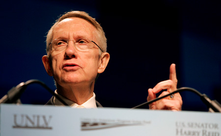 Sen. Harry Reid, speaking here at the CAP Action Fund National Clean Energy Summit, announced on July 13 that he plans to bring comprehensive clean energy legislation to the floor the week of July 26. (AP/Louie Traub)