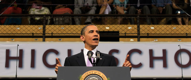 President Barack Obama delivers the commencement address for Kalamazoo Central High School, the winner of the 2010 Race to the Top High School Commencement Challenge. (AP/Charles Dharapak)