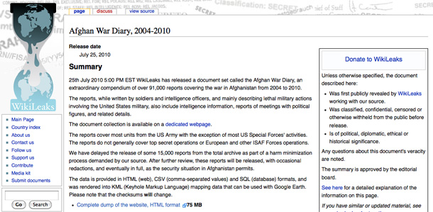 A screen capture of the WikiLeaks.org Afghan War Diary Page as it appeared on July 26, 2010. (WikiLeaks.org)