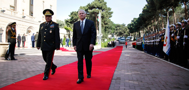 Defense Secretary Robert M. Gates and Azerbaijan's Minister of Defense General-Colonel Safar Abiyev review Azerbaijani troops during an honor ceremony at the Ministry of Defense in Baku, Azerbaijan on June 7, 2010. (AP/Carolyn Kaster)