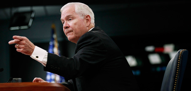 Secretary of Defense Robert Gates gestures during a news conference at the Pentagon on August 9, 2010 where he discussed possible staff cuts. (AP/Manuel Balce Ceneta)