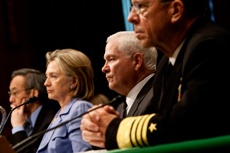 Energy Secretary Steven Chu, Secretary of State Hillary Rodham Clinton, Defense Secretary Robert Gates, and Joint Chiefs Chairman Adm. Mike Mullen testify before the Senate Armed Services Committee about New START on June 17, 2010. (AP/Drew Angerer)