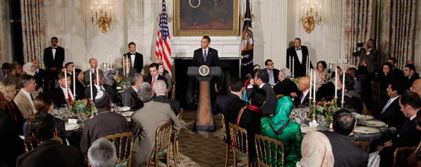 President Barack Obama hosts an iftar dinner, the meal that breaks the dawn-to-dusk fast for Muslims during the holy month of Ramadan, in the State Dining Room at the White House on August 13, 2010. He emphasized the American tenet of religious freedom just as New York City is immersed in a deeply sensitive debate about whether a mosque should be built near the site of the World Trade Center that was destroyed during the September 11 terror attacks. (AP/J. Scott Applewhite)
