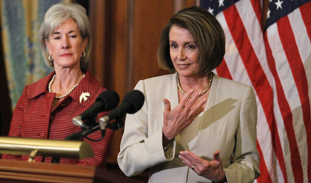 Speaker of the House Nancy Pelosi, with Health and Human Services Secretary Kathleen Sebelius, speaking about the Affordable Care Act and Medicare, during a news conference on Capitol Hill. (AP/Manuel Balce Ceneta)