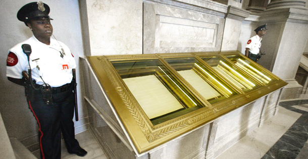The U.S. Constitution, pictured here on display at the National Archives, protects the citizenship rights of anyone born on U.S. soil. (AP/Ron Edmonds)