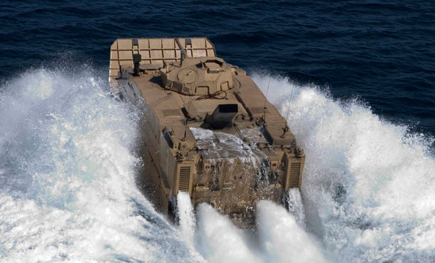 An expeditionary fighting vehicle launches into the water. (U.S. Marine Corps)