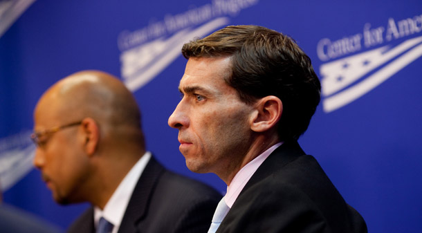 William Eggers, above right, appeared at a CAP event earlier this year. He will co-author a report later this year with Senior Fellow Jitinder Kohli on designing legislation for effective implementation of public initiatives. (Center for American Progress)