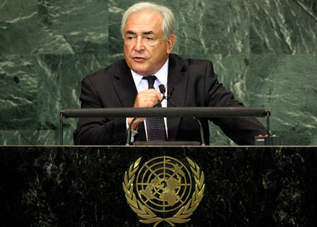 Dominique Strauss-Kahn, managing director of the International Monetary Fund, addresses a summit on the Millennium Development Goals at United Nations headquarters on Monday, September 20, 2010. (AP/Richard Drew)