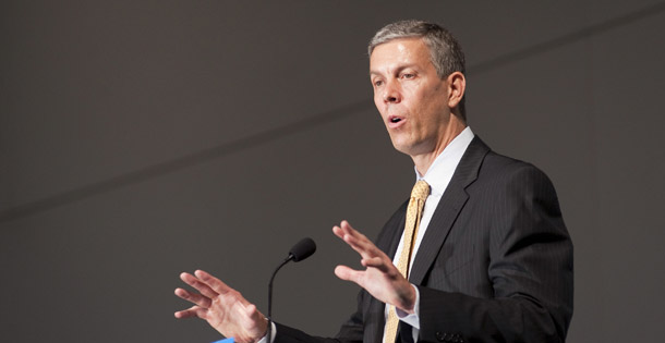 Yesterday U.S. Secretary of Education Arne Duncan announced 21 recipients of Promise Neighborhoods planning grants. The Promise Neighborhoods program will provide “cradle-to-career” services to support students who attend schools in a designated geographic area. (AP/Brian Chilson)