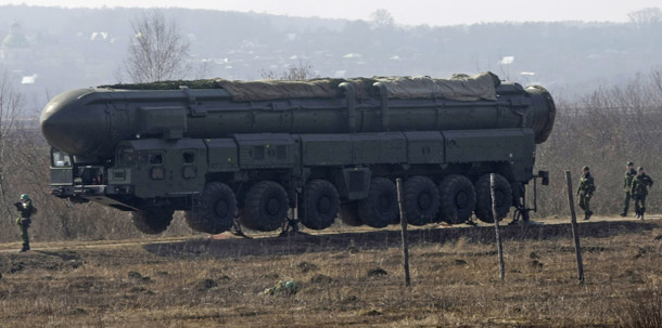 Cadets of the Serpukhov Military School of Strategic Missile Forces train at the Topol intercontinental ballistic missile during exercises in Serpukhov, 56 miles south of Moscow on April 6, 2010. Every day that goes by without a new arms control treaty the United States loses valuable intelligence on Russia’s nuclear forces. (AP/Misha Japaridze)