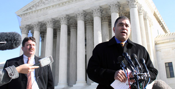 Citizens United President David Bossie, right, meets with reporters outside the Supreme Court on January 21, 2010, after the Supreme Court ruled on the <i>Citizens United v. Federal Election Commission </i>campaign finance reform case. The case earned corporations a right by a 5-4 majority that wealthy individuals have enjoyed since 1976’s <i>Buckley v. Valeo</i>: to spend unlimited amounts on campaigns. (AP/Lauren Victoria Burke)