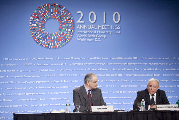 International Monetary Fund (IMF) Managing Director Dominique Strauss-Kahn, right, accompanied by First Deputy Managing Director John Lipsky, speaks during today's opening news conference for the annual IMF and World Bank meetings in Washington, D.C. (AP/Evan Vucci)