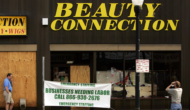 Stores sit abandoned on Canal Street in downtown New Orleans on October 4, 2005. GO Zone bonds were supposed to stimulate investment in New Orleans and the gulf following Hurricane Katrina, but they haven't worked as intended. (AP/Kevork Djansezian)